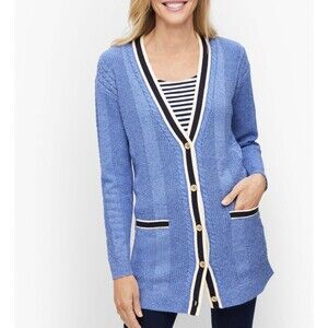 Talbots Iris Blue Cable Knit Tipped Girlfriend Cardigan Sweater L 4 Button